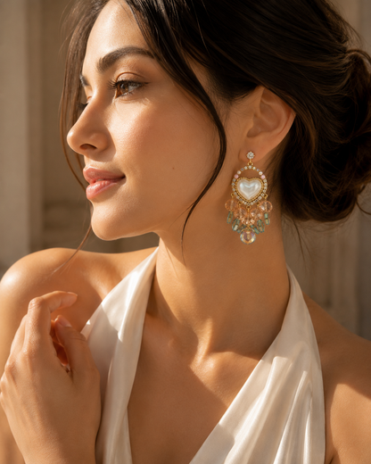 Pearl Heart Crystal Drop Statement Earrings