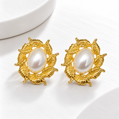 Aurelia Pearl Leaf Statement Stud Earrings