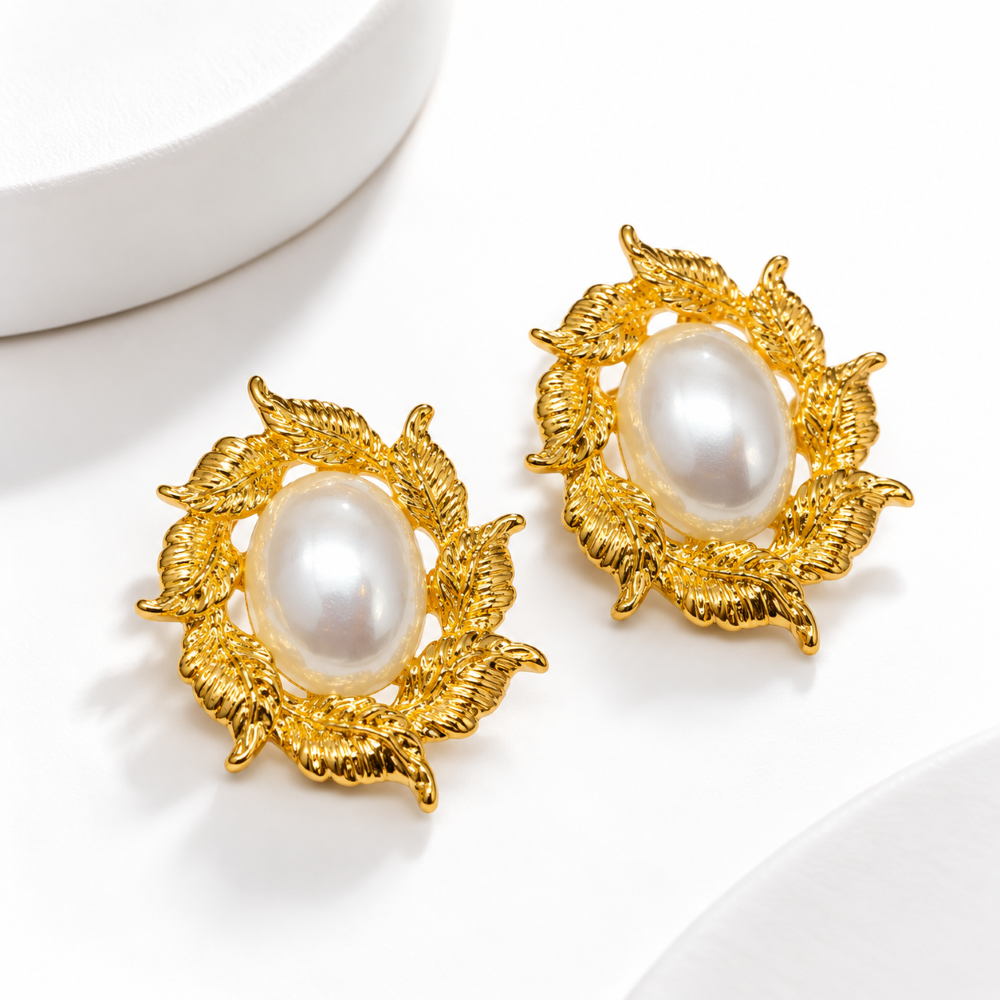 Aurelia Pearl Leaf Statement Stud Earrings