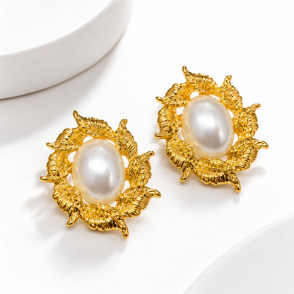 Aurelia Pearl Leaf Statement Stud Earrings
