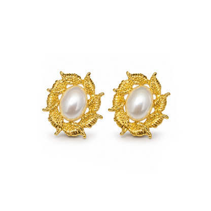 Aurelia Pearl Leaf Statement Stud Earrings