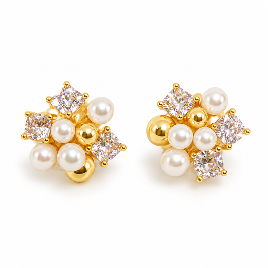 Pearl & Crystal Cluster Stud Earrings