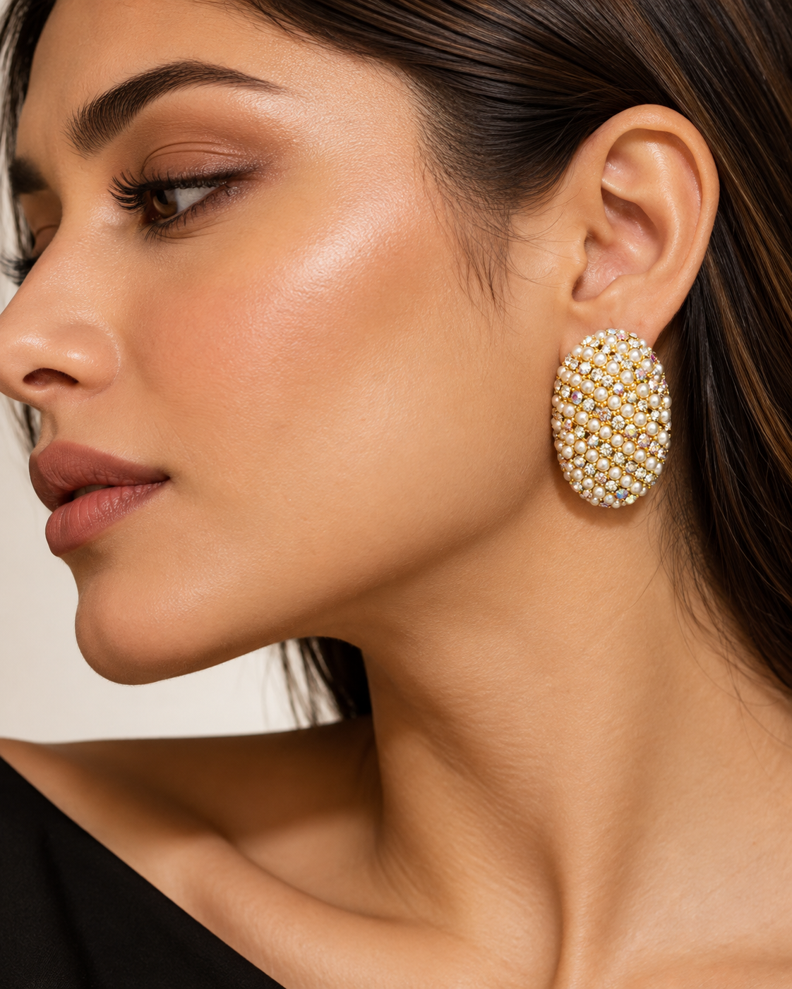 Pearl Crystal Oval Statement Earrings