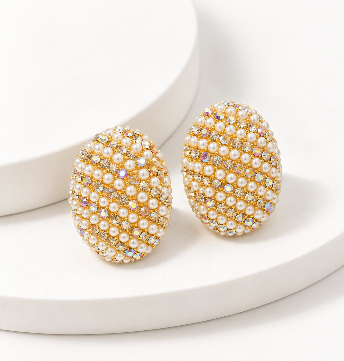 Pearl Crystal Oval Statement Earrings