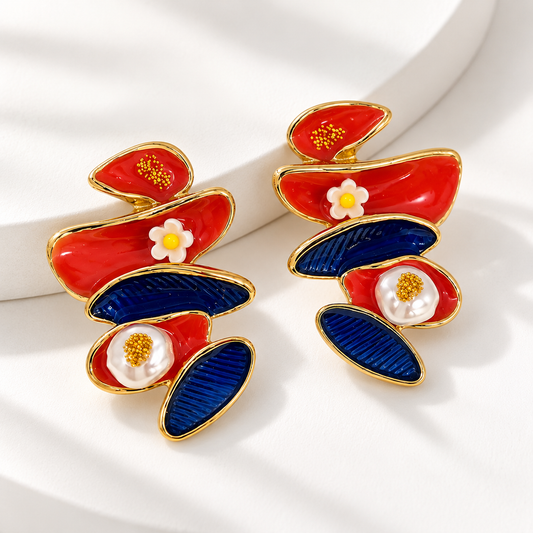 Coral Blue Abstract Statement Earrings
