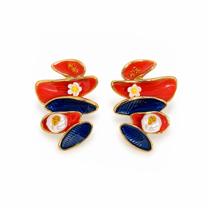 Coral Blue Abstract Statement Earrings