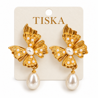 Golden Pearl Bow Drop Earrings