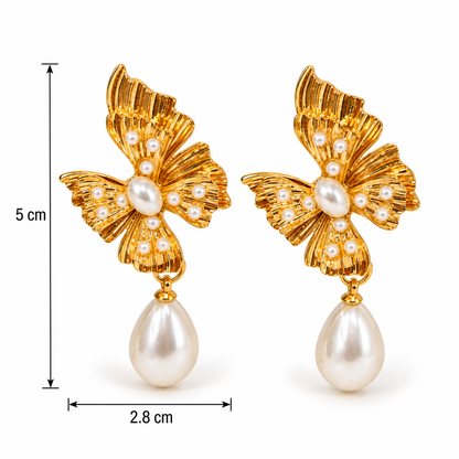 Golden Pearl Bow Drop Earrings