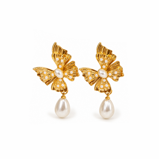 Golden Pearl Bow Drop Earrings