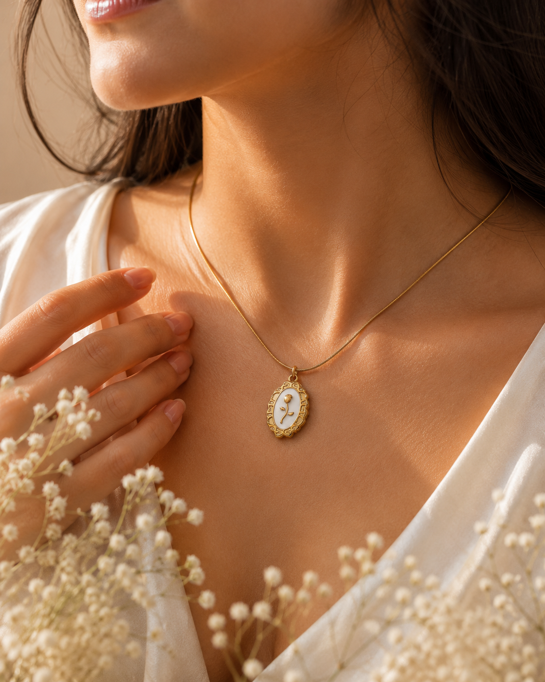 Vintage Floral Pendant Necklace 18K gold plating, (Available in Black & Ivory)