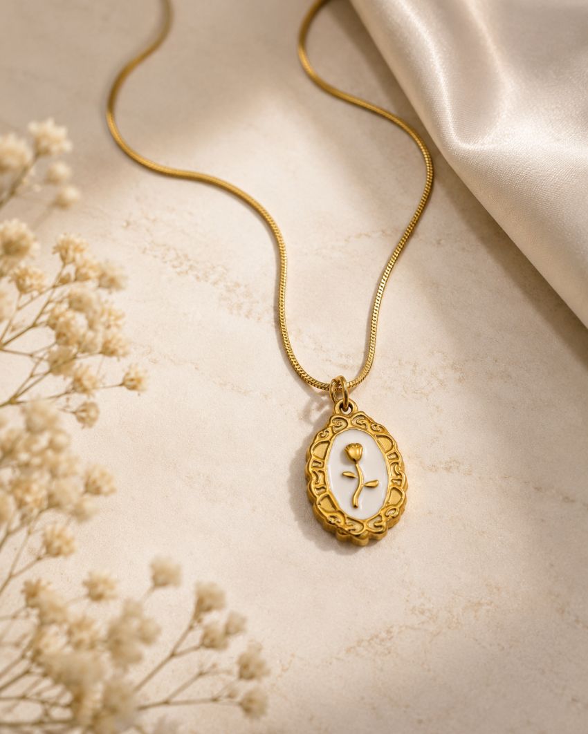 Vintage Floral Pendant Necklace 18K gold plating, (Available in Black & Ivory)
