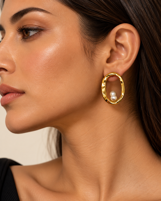 Golden Oval Pearl Stud Earrings