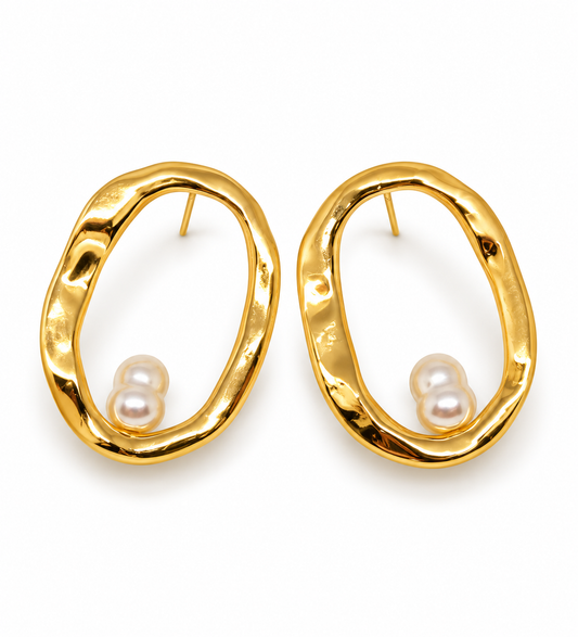 Golden Oval Pearl Stud Earrings