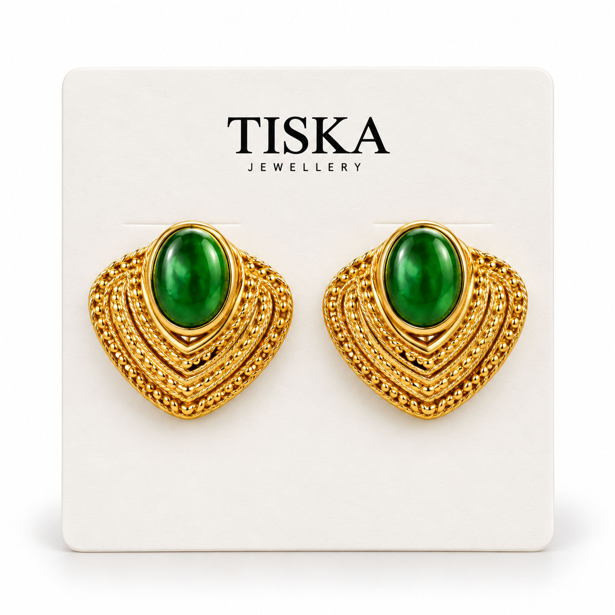 Emerald Oval Statement Stud Earrings |TISKA Jewellery | Vintage Luxe Collection