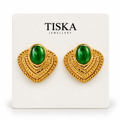Emerald Oval Statement Stud Earrings |TISKA Jewellery | Vintage Luxe Collection