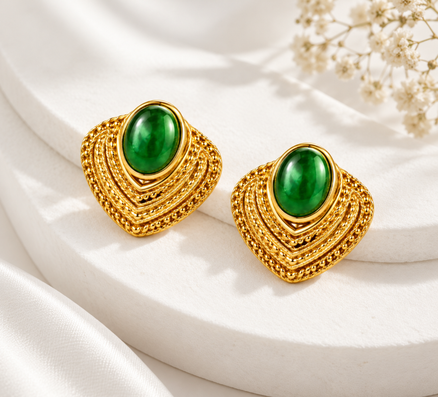 Emerald Oval Statement Stud Earrings |TISKA Jewellery | Vintage Luxe Collection