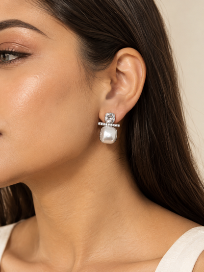 Crystal Pearl Square Stud Earrings