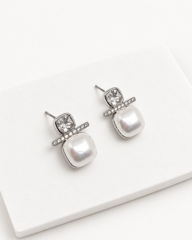 Crystal Pearl Square Stud Earrings