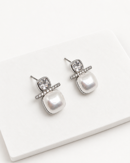 Crystal Pearl Square Stud Earrings