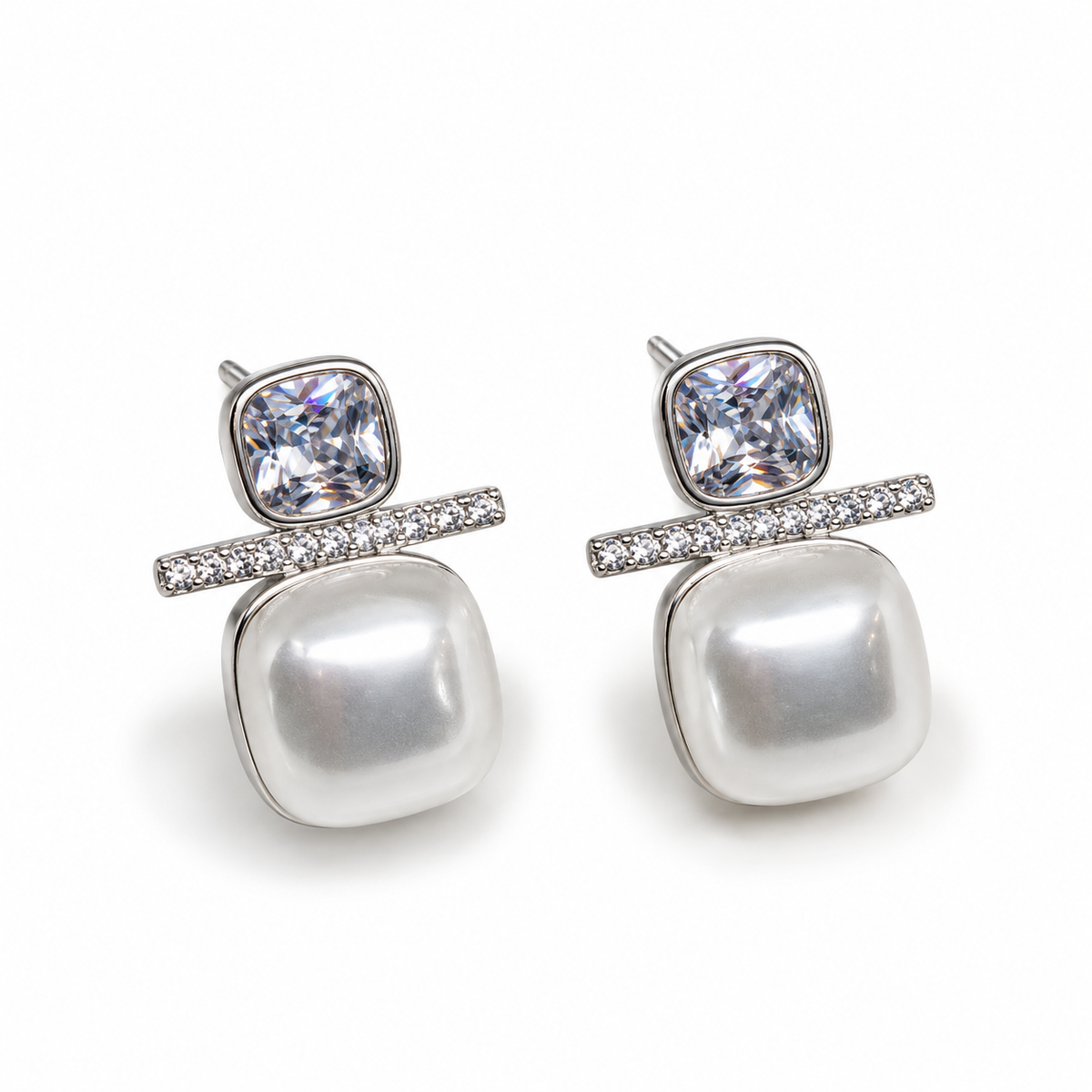 Crystal Pearl Square Stud Earrings
