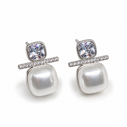 Crystal Pearl Square Stud Earrings