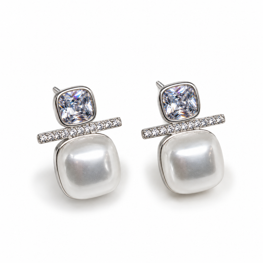 Crystal Pearl Square Stud Earrings