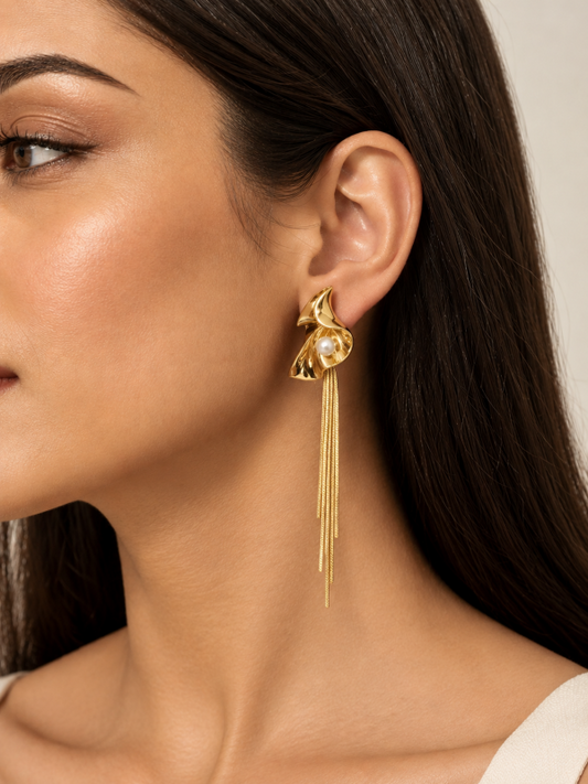 Golden Sculpted Pearl Tassel Earrings | 14K Gold Plated