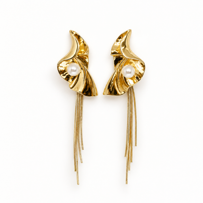 Golden Sculpted Pearl Tassel Earrings | 14K Gold Plated