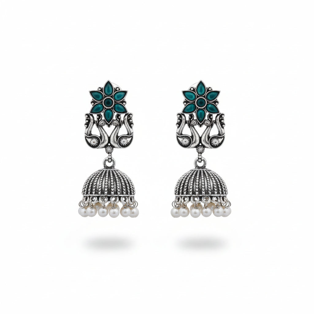 Emerald Bloom Oxidised Jhumka Earrings
