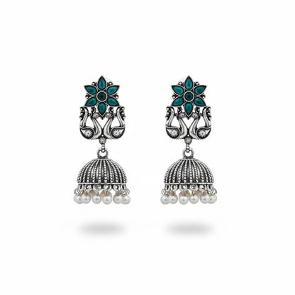 Emerald Bloom Oxidised Jhumka Earrings