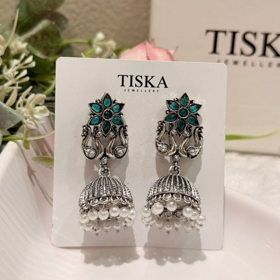 Emerald Bloom Oxidised Jhumka Earrings