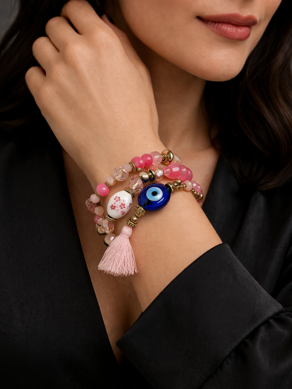Pink Evil Eye Charm Bracelet (Set of 4)
