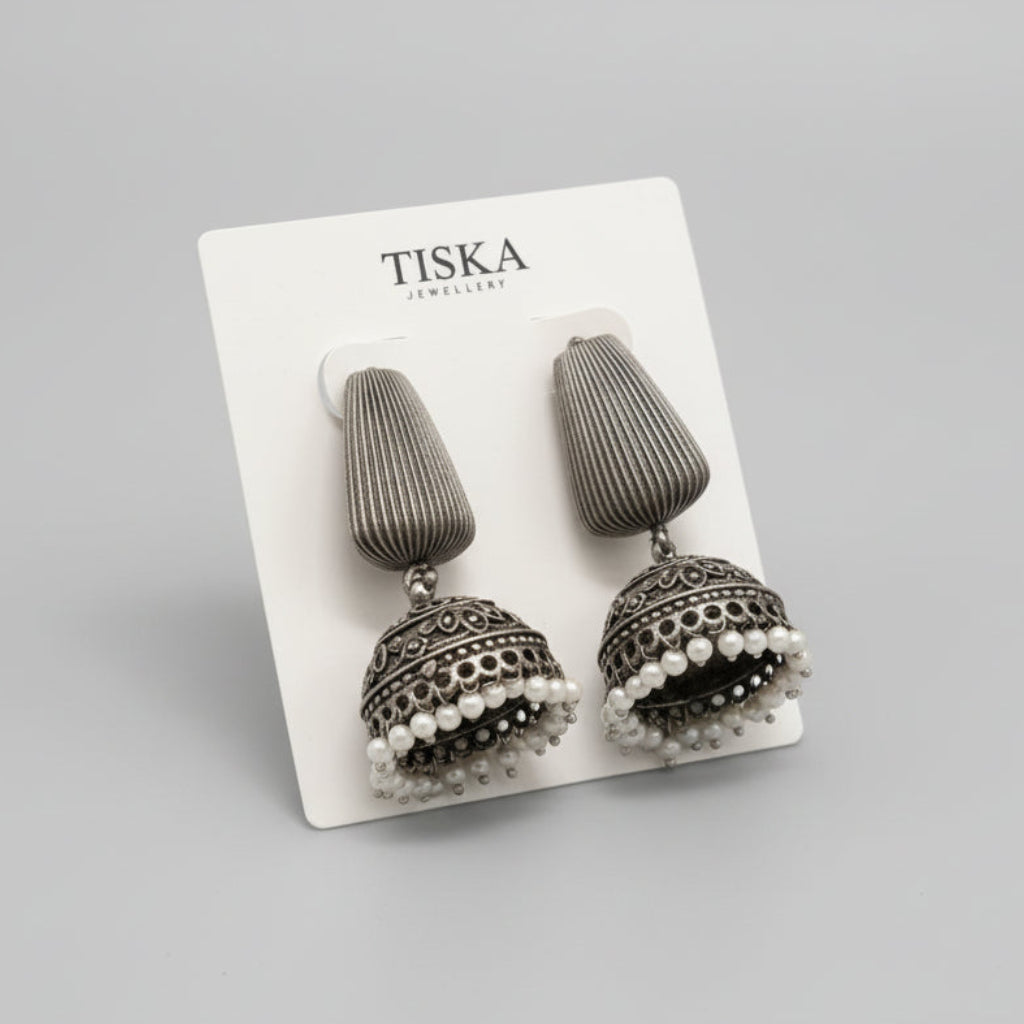 Classic Oxidised Dome Jhumka Earrings with Pearl Drops