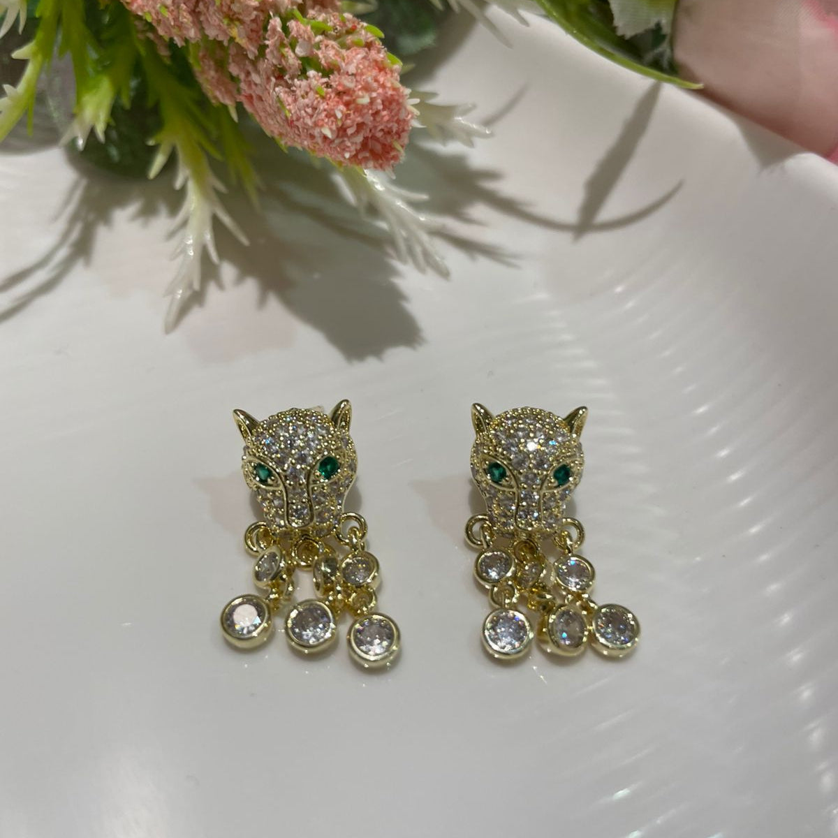 Golden Panther Crystal Drop Earrings