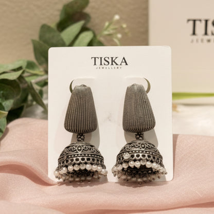 Classic Oxidised Dome Jhumka Earrings with Pearl Drops
