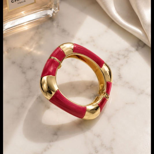 Pink-redish Enamel Tile Gold Bangle (Anti-Tarnish)
