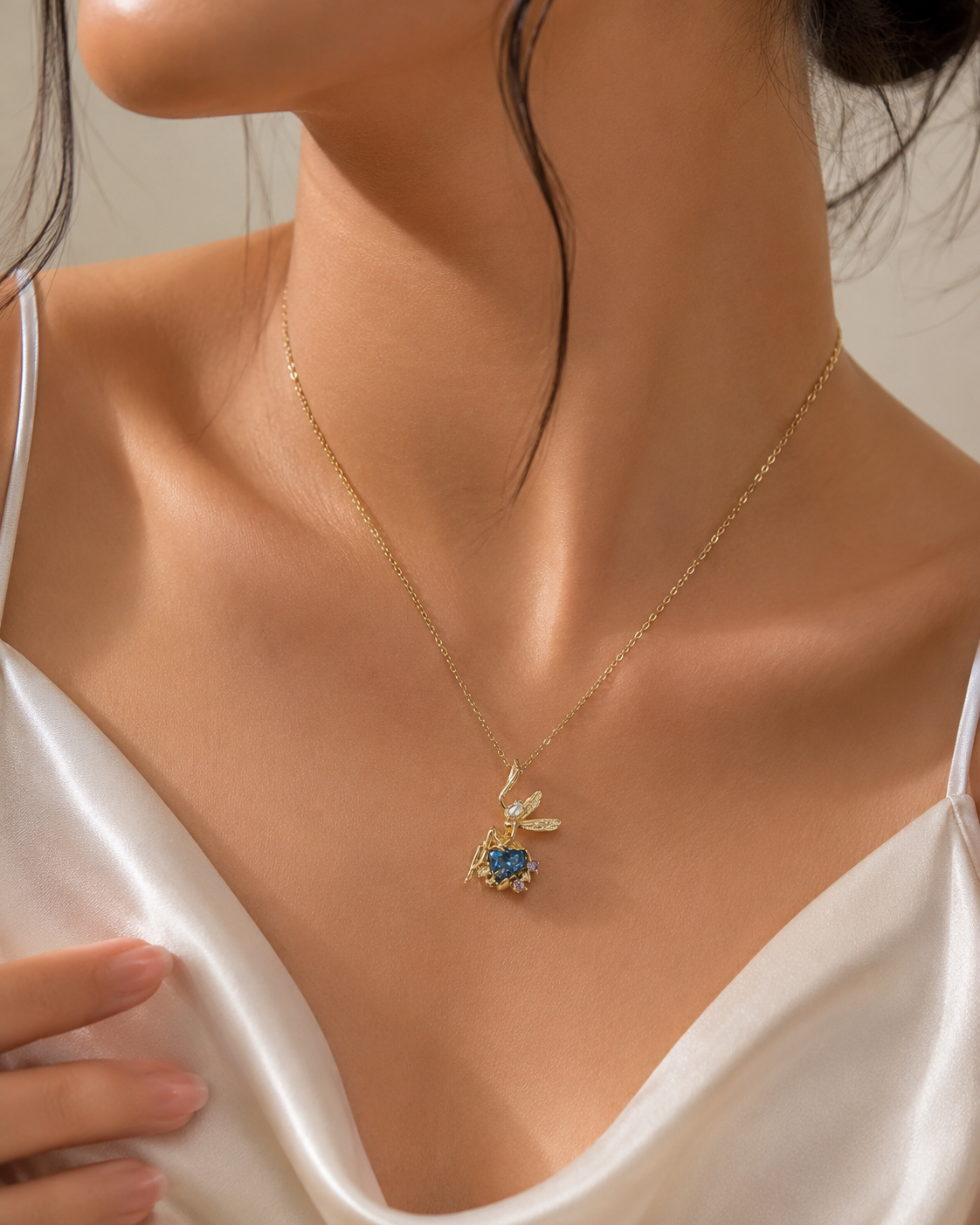 Blue Crystal Butterfly Charm Necklace (Anti-Tarnish)