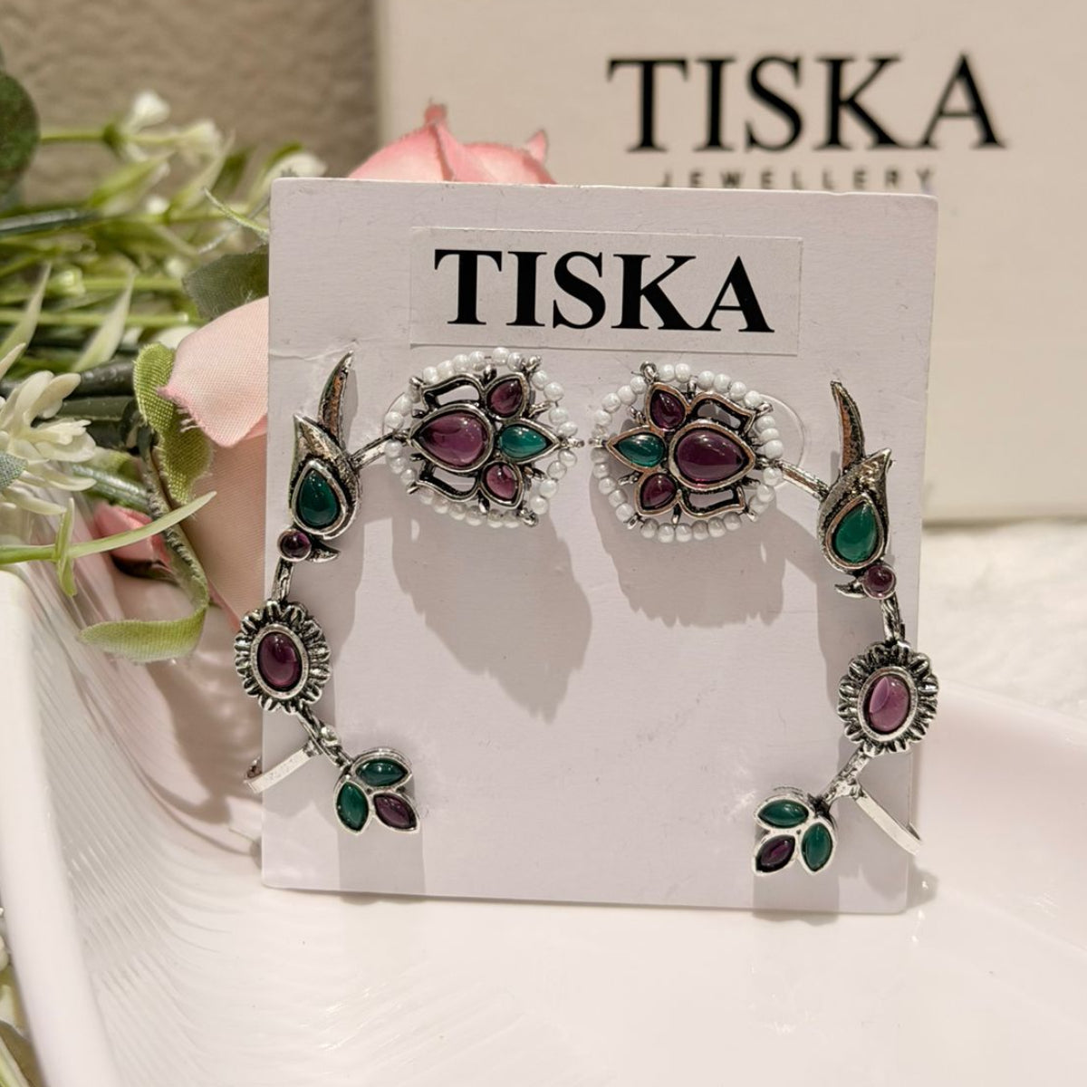 Floral Vine Oxidised Earring & Ear Cuff Set