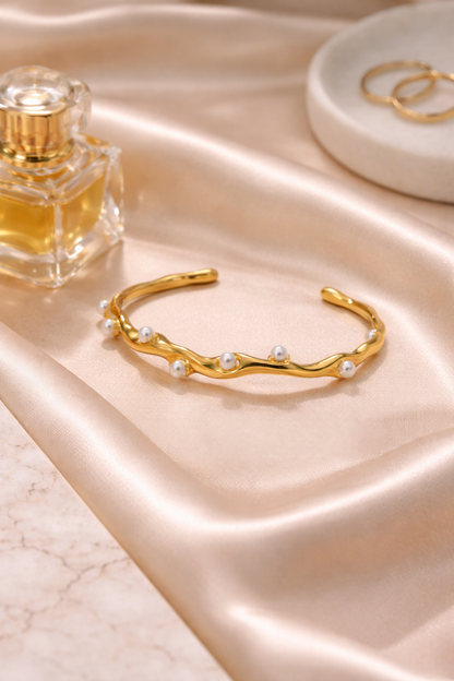 Pearl Wave Gold Cuff Bracelet