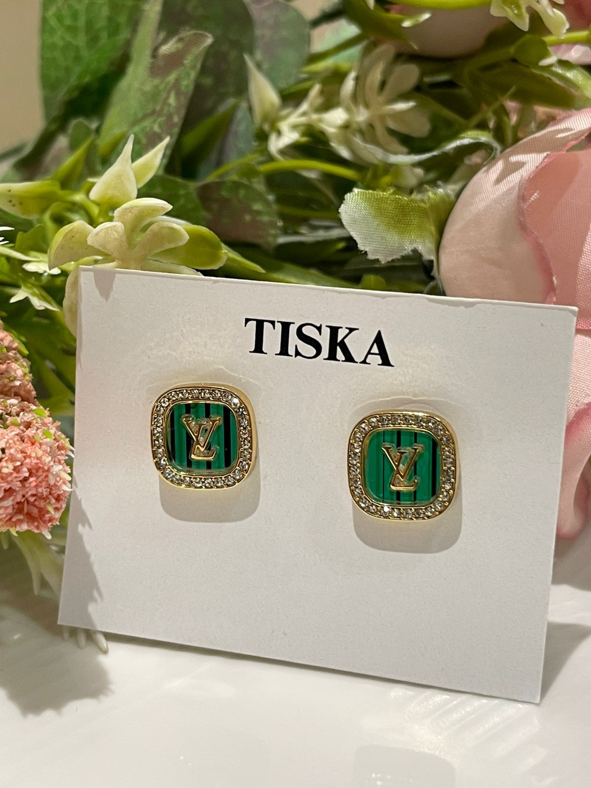 Green Luxe Monogram Stud Earrings