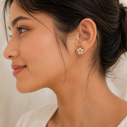 Enamel Heart Floral Stud Earrings