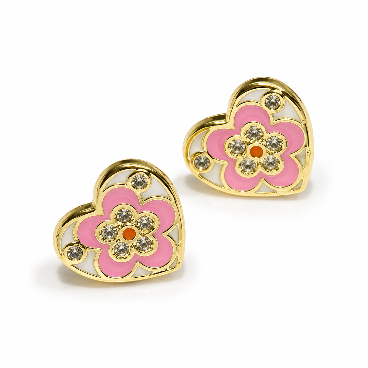 Enamel Heart Floral Stud Earrings