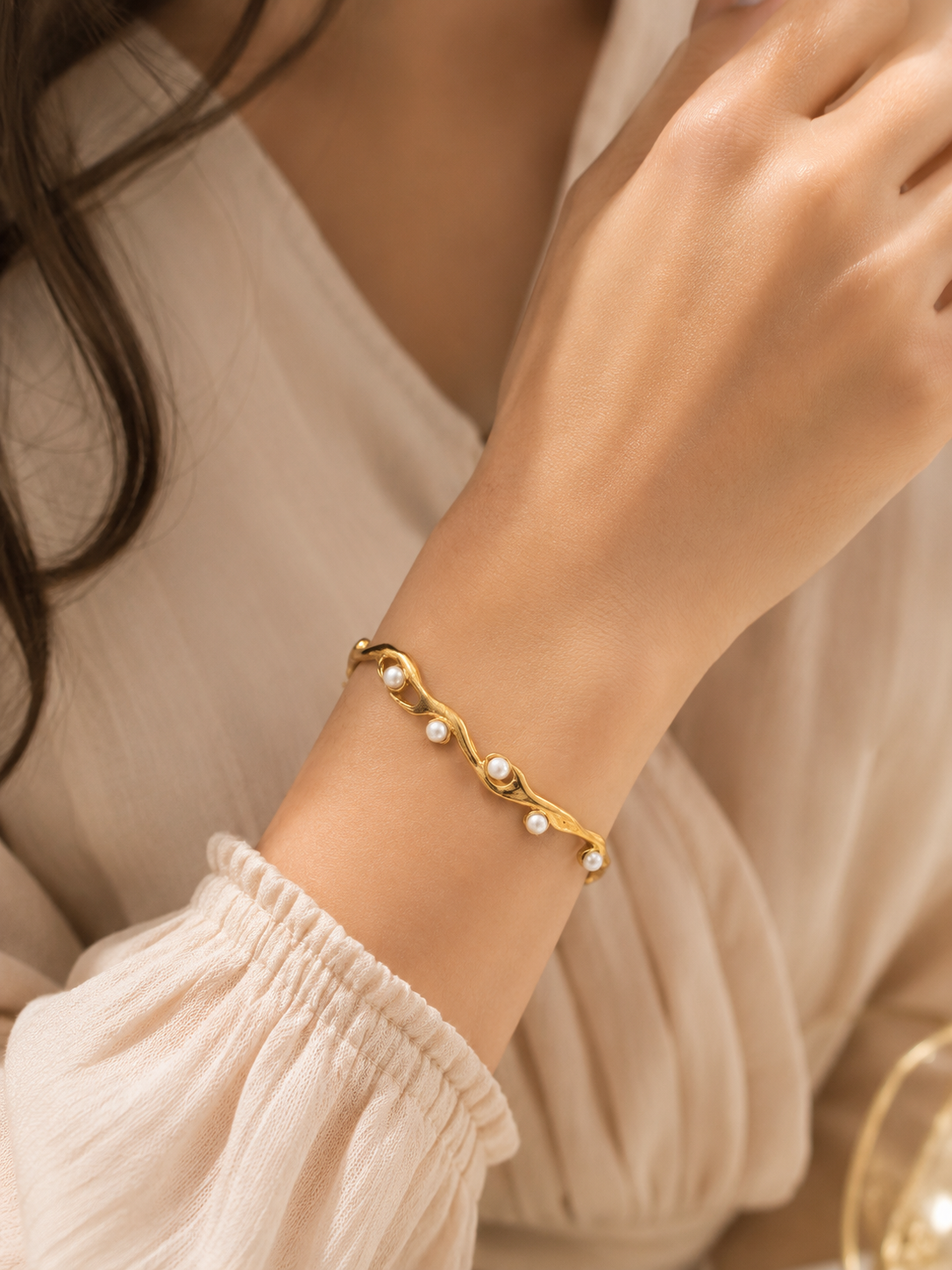 Pearl Wave Gold Cuff Bracelet