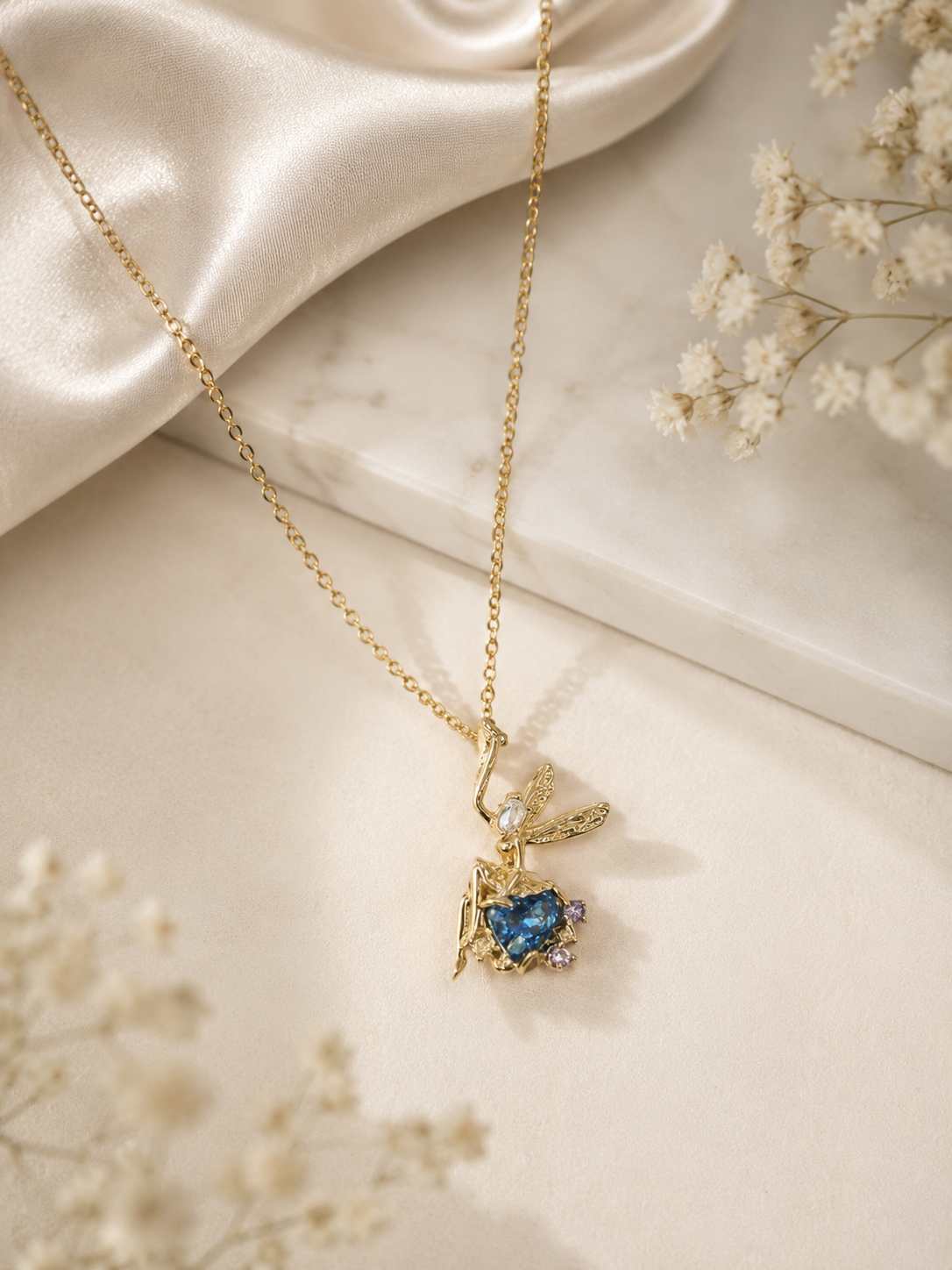 Blue Crystal Butterfly Charm Necklace (Anti-Tarnish)