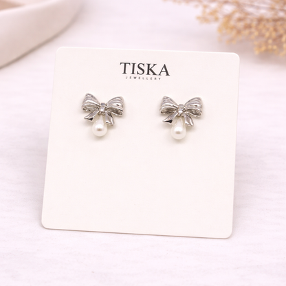 Pearl Bow Charm Earrings