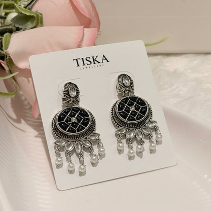 Midnight Mesh Oxidised Pearl Drop Earrings