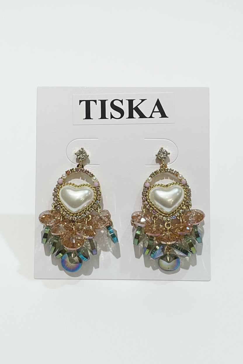 Pearl Heart Crystal Drop Statement Earrings