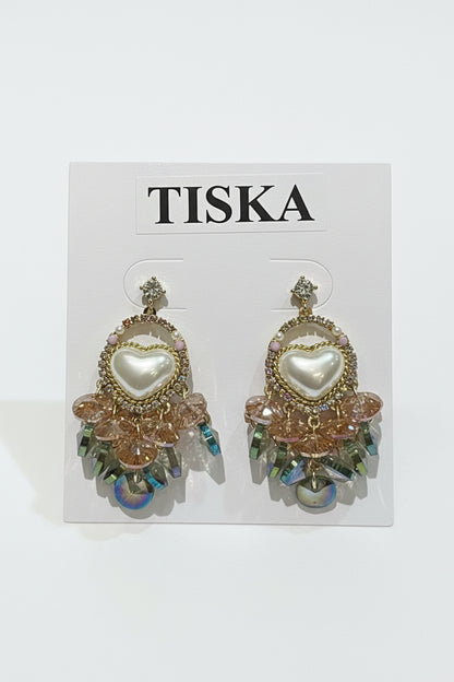 Pearl Heart Crystal Drop Statement Earrings