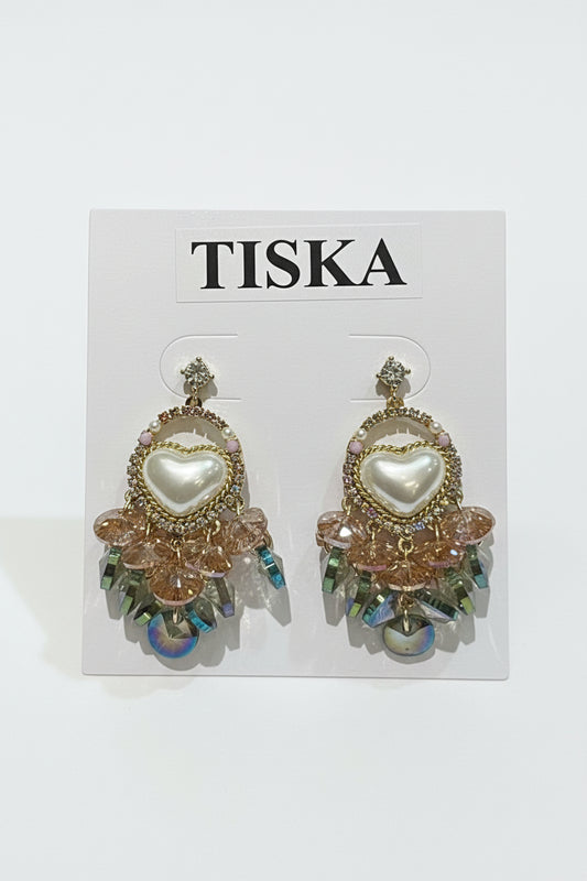 Pearl Heart Crystal Drop Statement Earrings