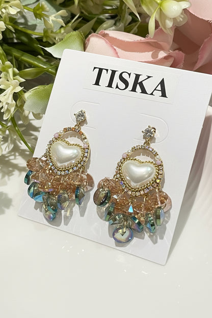 Pearl Heart Crystal Drop Statement Earrings